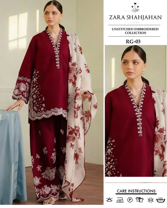 ZARA SHAHJAHAN 3-PIECE LAWN EMBROIDERED DRESS WITH PRINTED VOIL DUPATTA & TROUSER.