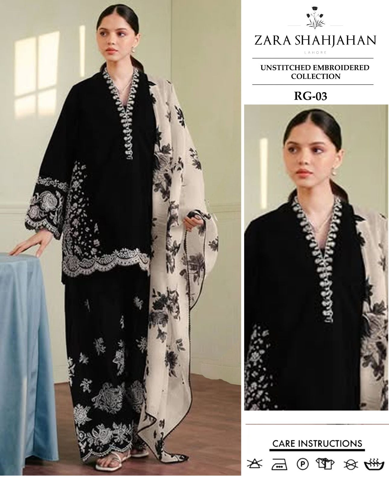 ZARA SHAHJAHAN 3-PIECE LAWN EMBROIDERED DRESS WITH PRINTED VOIL DUPATTA & TROUSER.