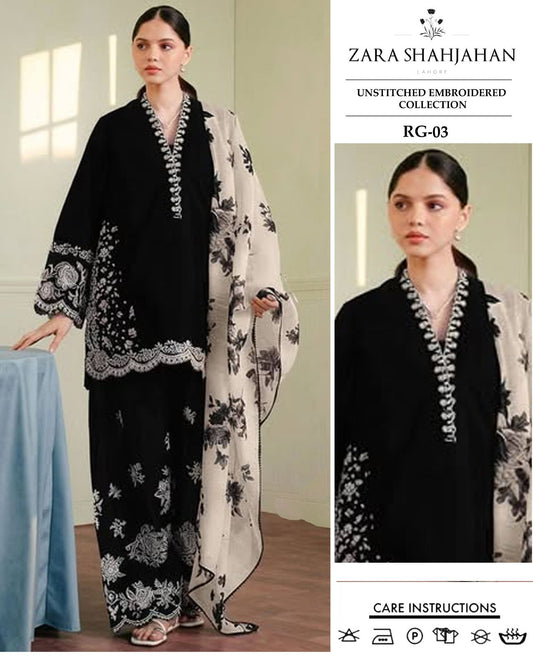 ZARA SHAHJAHAN 3-PIECE LAWN EMBROIDERED DRESS WITH PRINTED VOIL DUPATTA & TROUSER.