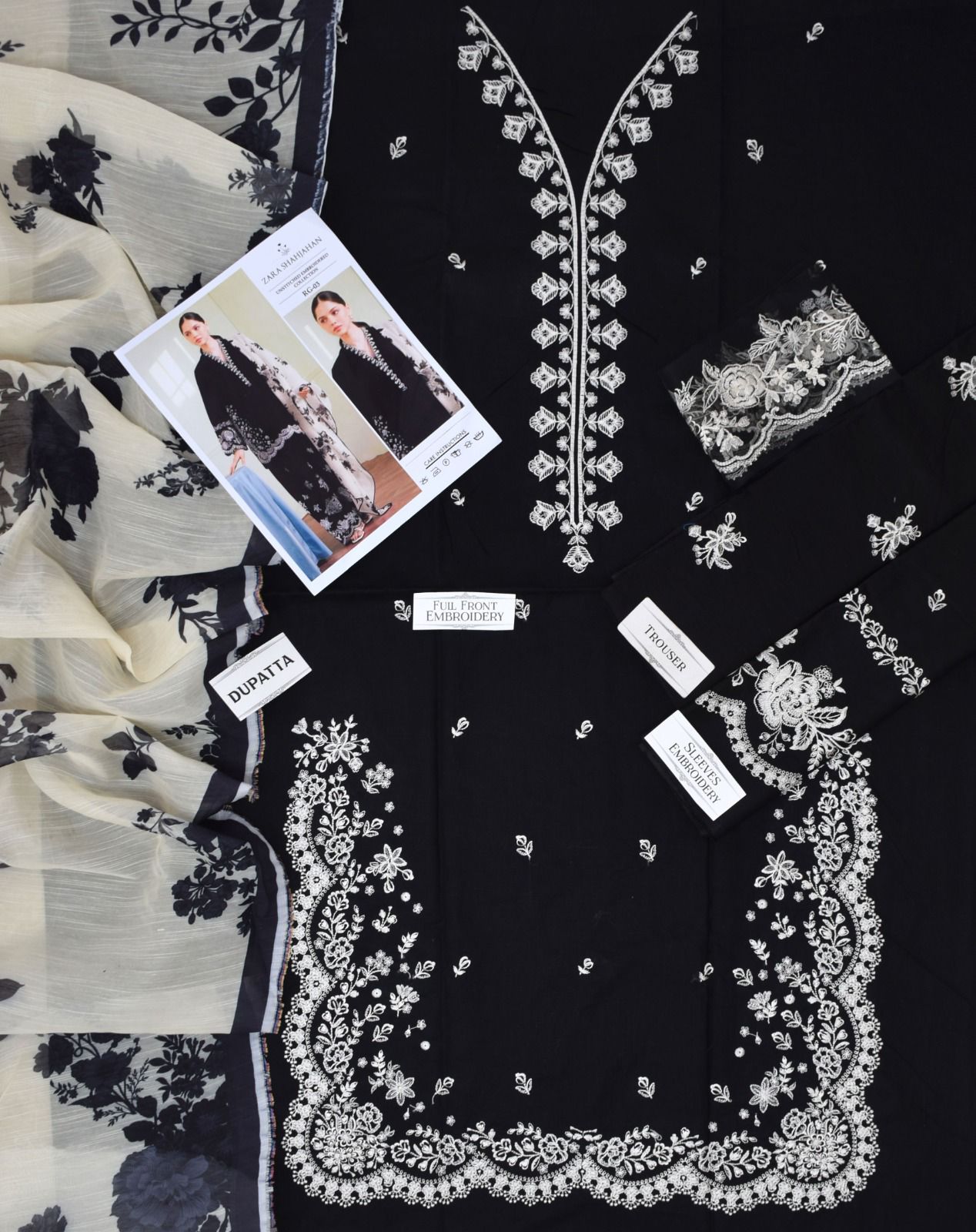 ZARA SHAHJAHAN 3-PIECE LAWN EMBROIDERED DRESS WITH PRINTED VOIL DUPATTA & TROUSER.