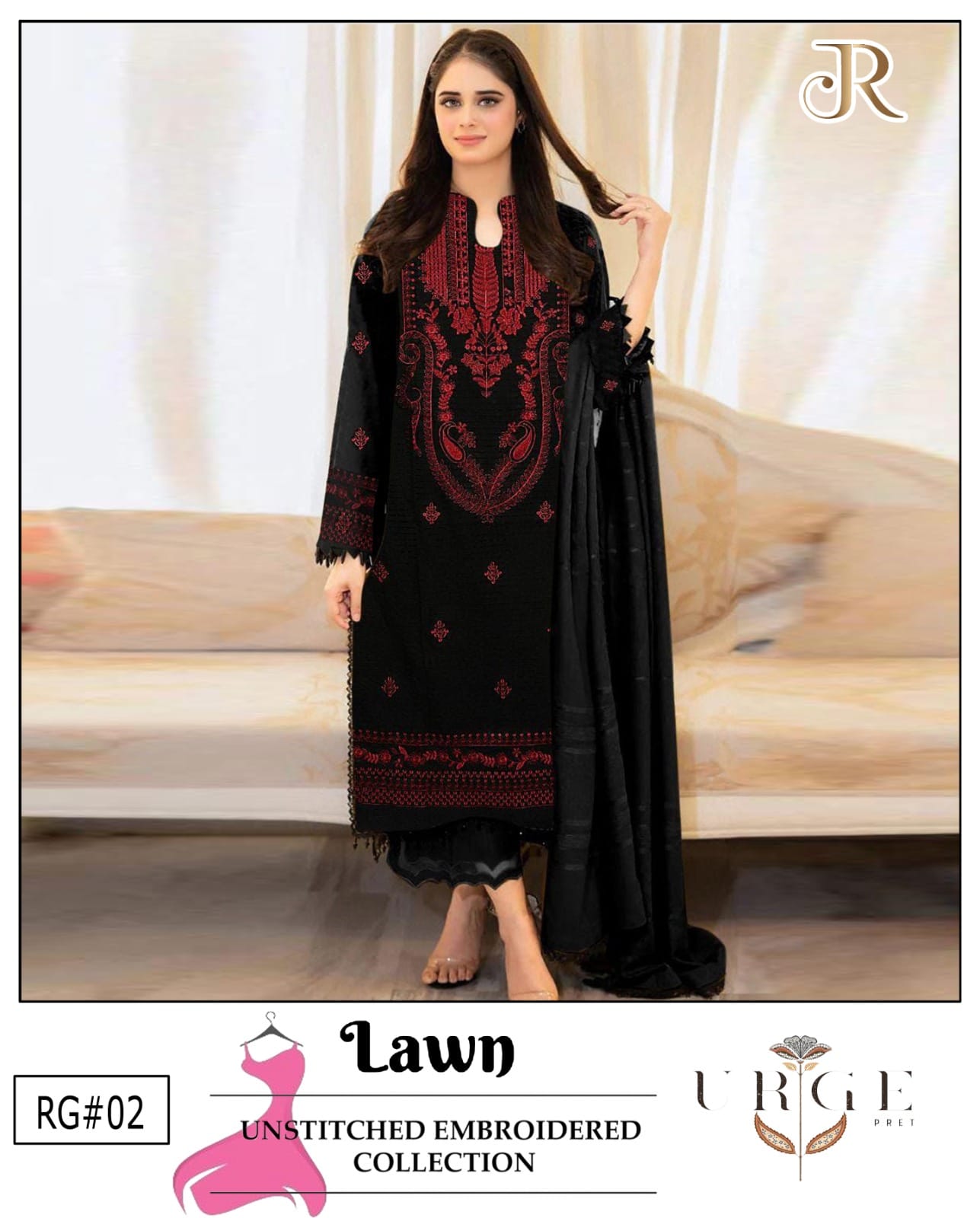 URGE 3-PIECE LAWN EMBROIDERED DRESS WITH EMBROIDERED DUPATTA & TROUSER.