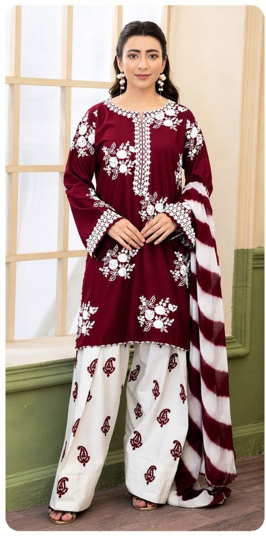 ZARA SHAHJAHAN-3PC LAWN EMBROIDERED SHIRT WITH MONARK PRINTED DUPATTA AND EMB TROUSER.