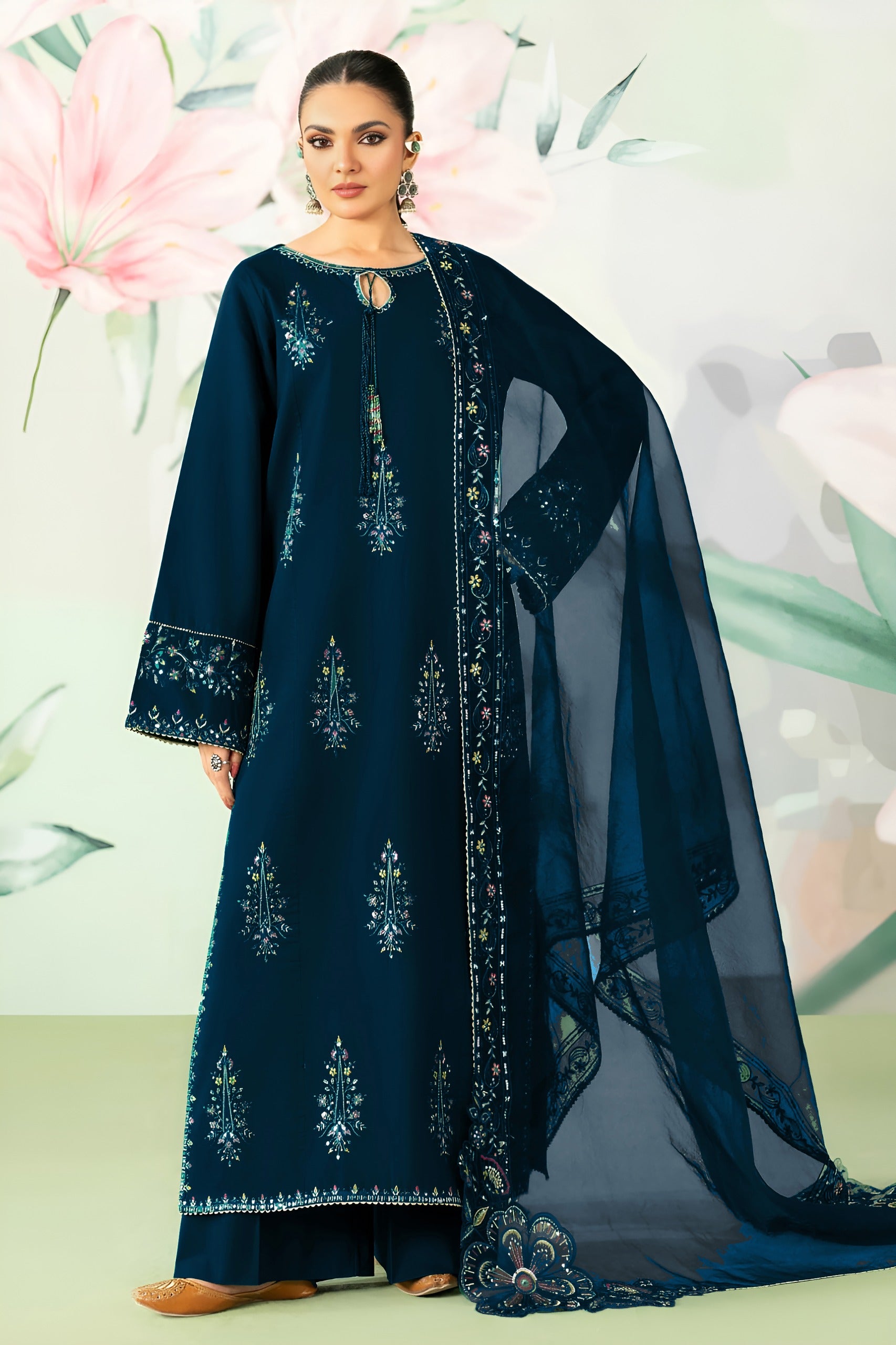 ETHNC-3PC LAWN SEQUIN EMBROIDERED SHIRT WITH ORGANZA EMBROIDERED DUPATTA AND TROUSER.