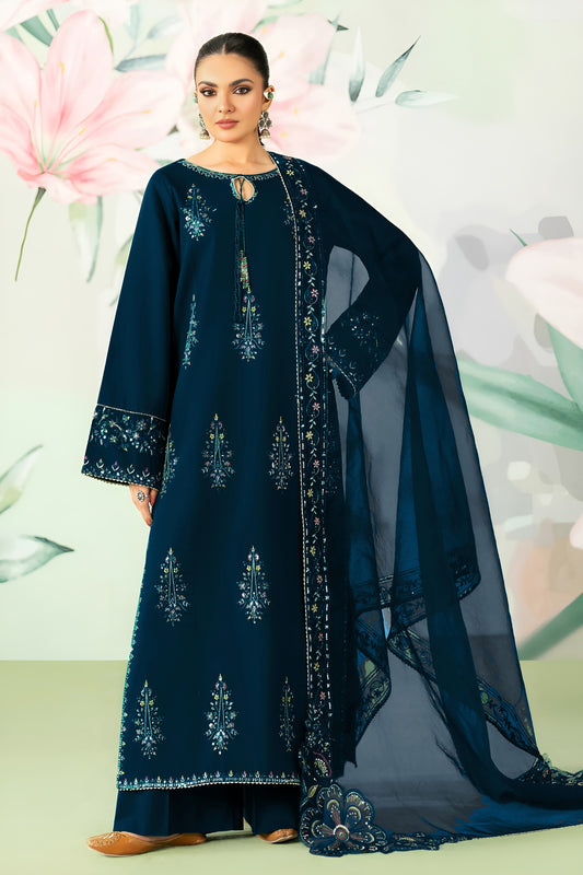 ETHNC-3PC LAWN SEQUIN EMBROIDERED SHIRT WITH ORGANZA EMBROIDERED DUPATTA AND TROUSER.