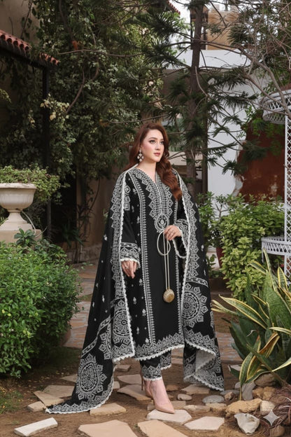ANEELA's 3-PIECE LAWN EMBROIDERED SUIT WITH PRINTED MONARK DUPATTA & TROUSER.