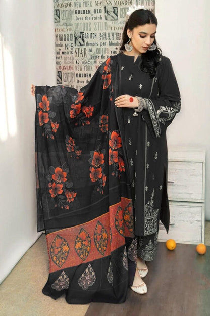 KHAADI 3-PIECE LAWN EMBROIDERED DRESS WITH PRINTED VOIL DUPATTA & EMBROIDERED TROUSER.