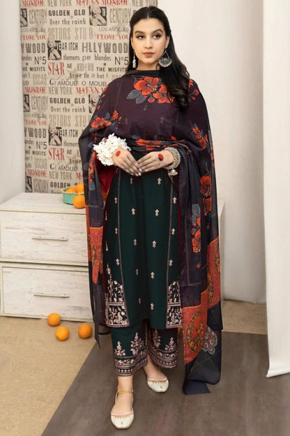 KHAADI 3-PIECE LAWN EMBROIDERED DRESS WITH PRINTED VOIL DUPATTA & EMBROIDERED TROUSER.
